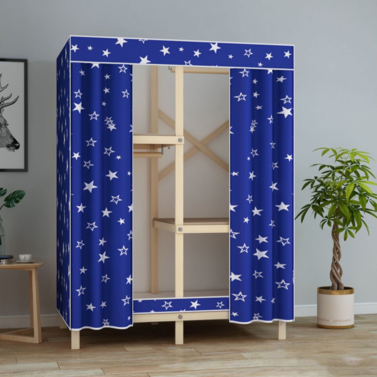 Solid Pine Wood Frame Wardrobe Armoire Contemporary Multifunctional Wardrobe