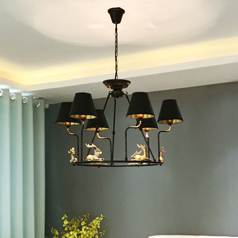 Black Cone Pendant Chandelier Farmhouse Fabric 6/8 Heads Dining Room Hanging Ceiling Light with Deer Element