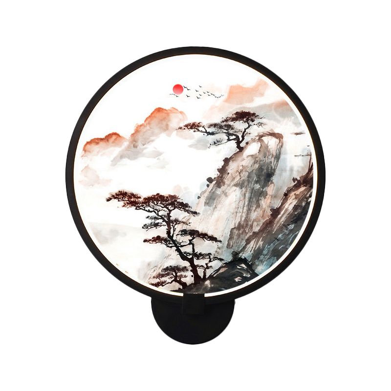 LED Hallway Wall Lighting Fixture Chinese Black Pine Tree and Mountain Mural Light with Round Acrylic Shade