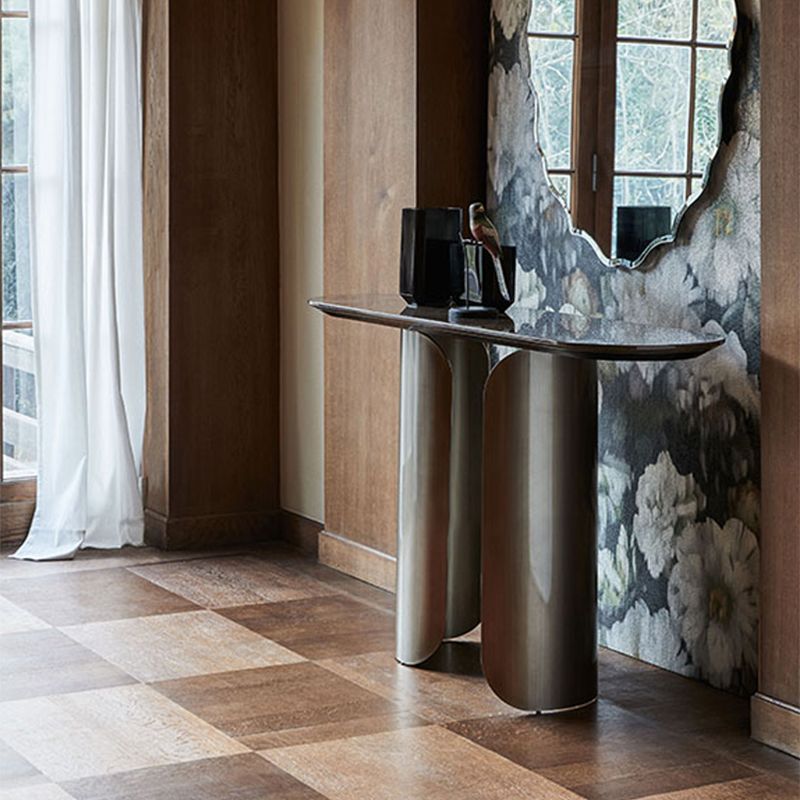Contemporary Sintered Stone Side End Table with Metal Abstract Base