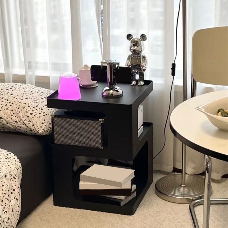 Modernistic Side End Snack Table with Metal Shelves Bedroom Side Table