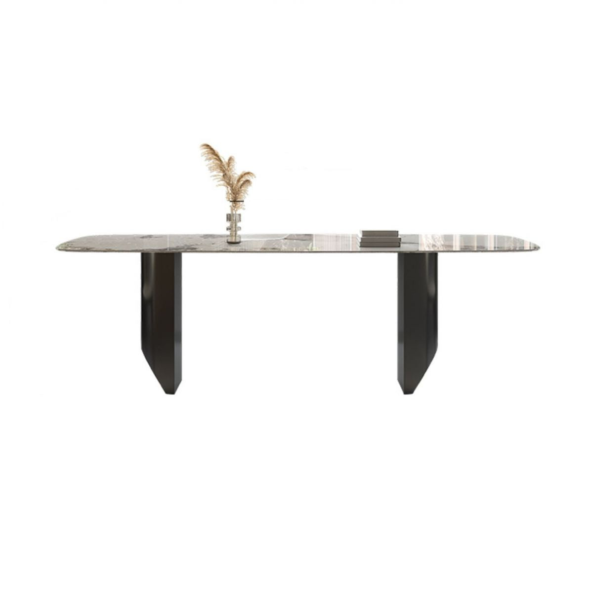 Juego de comedor de piedra sinterizada minimalista con muebles de cocina rectangulares y de base negra