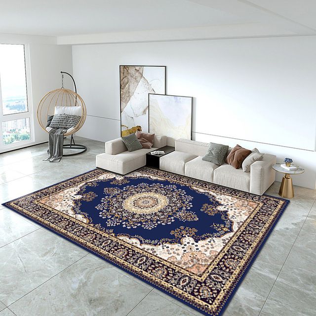 Blue European Carpet Medallion Print Polyester Area Rug Stain Resistant Rug for Home Decor