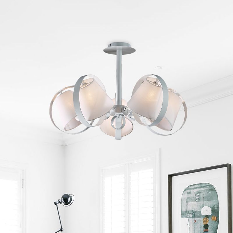 Minimalist Barrel Semi Flush Light Fabric 5 Heads Kitchen Flush Mount in White with Round Metal Cage