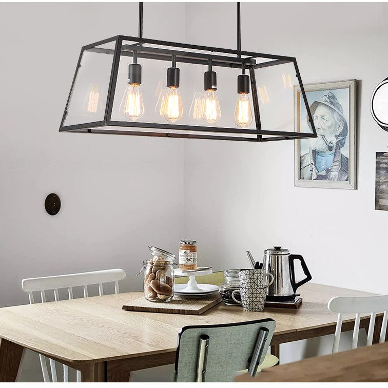 Glass Linear Island Light 4-Bulbs Industrial Dinning Room Pendant Lamp in Black