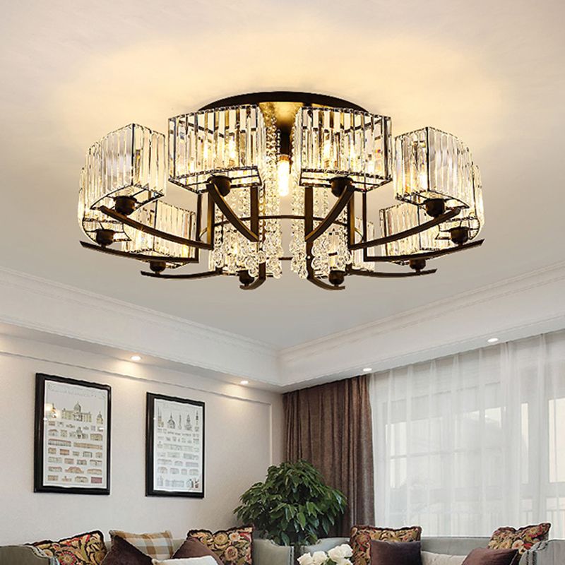 Round Living Room Ceiling Lamp Retro Crystal Block Black Semi Flush Mount Lighting