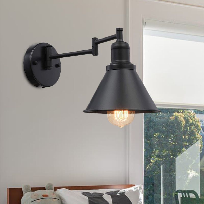 Swing Arm Iron Sconce Lighting Vintage 1 Bulb Coffee Shop Wall Lamp in Black with Conical Shade