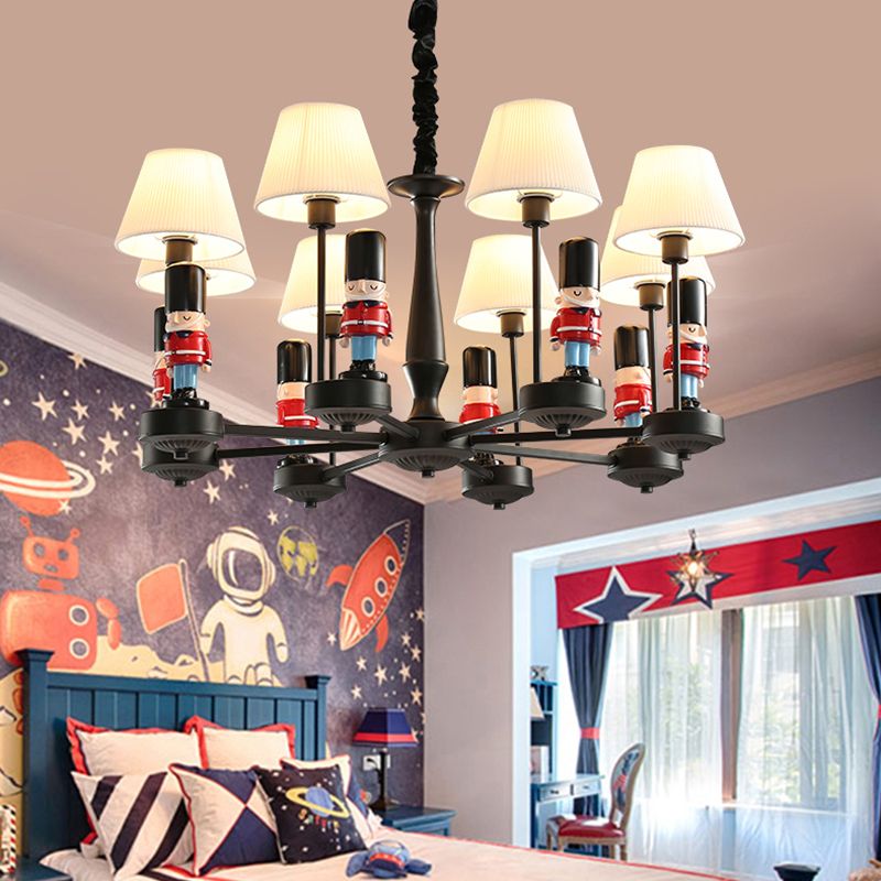 Conical Hanging Lamp Kids Gathered Fabric Bedroom Chandelier Light with British Soldier Deco in Black