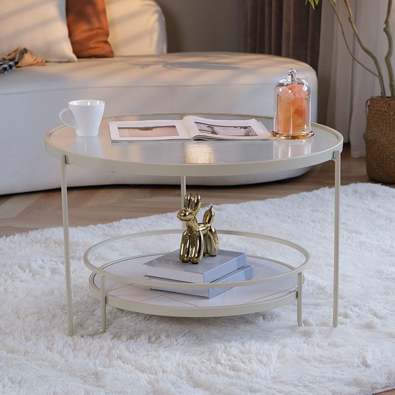 Modern Glass Top Coffee Table Round Metal Frame Cocktail Table