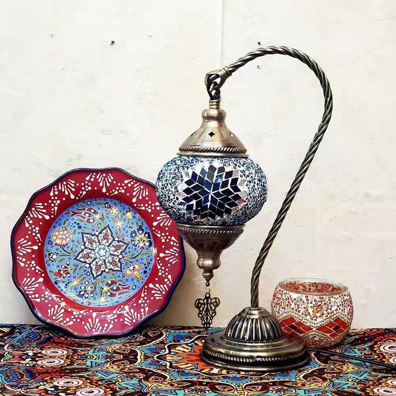 1 Bulb Gooseneck Table Light Moroccan Mosaic Stained Glass Night Light with Globe Shade