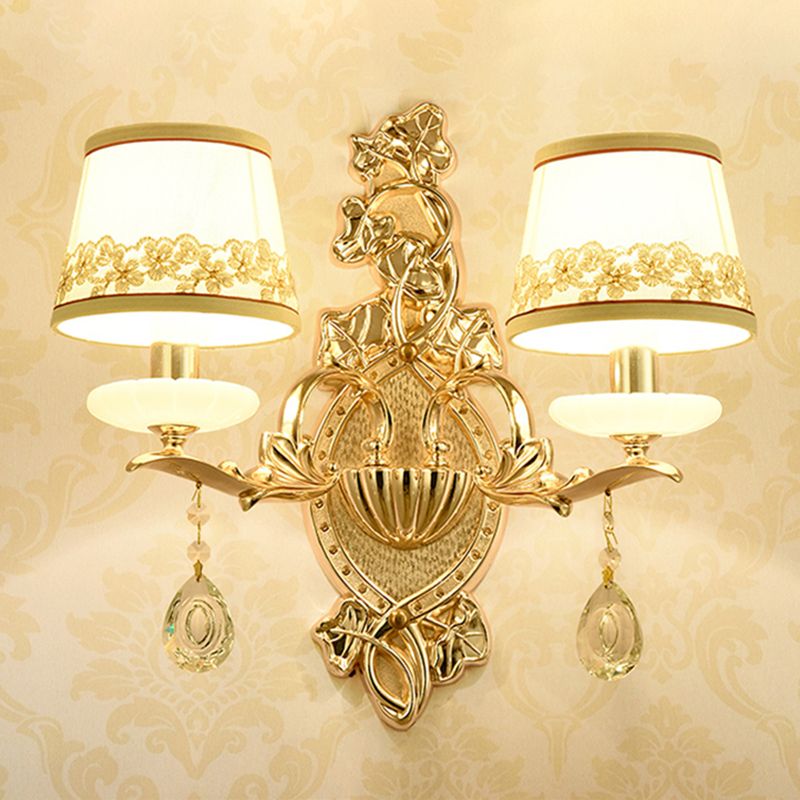 Barrel Fabric Shade Wall Mount Lamp Traditional 2 Bulbs Bedroom Candle Wall Light in Gold