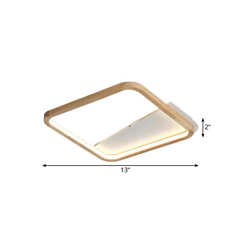 13"/17" Wide Bedroom LED Ceiling Fixture Simple Beige Flush Mount Light with Fillet Square Wood Frame