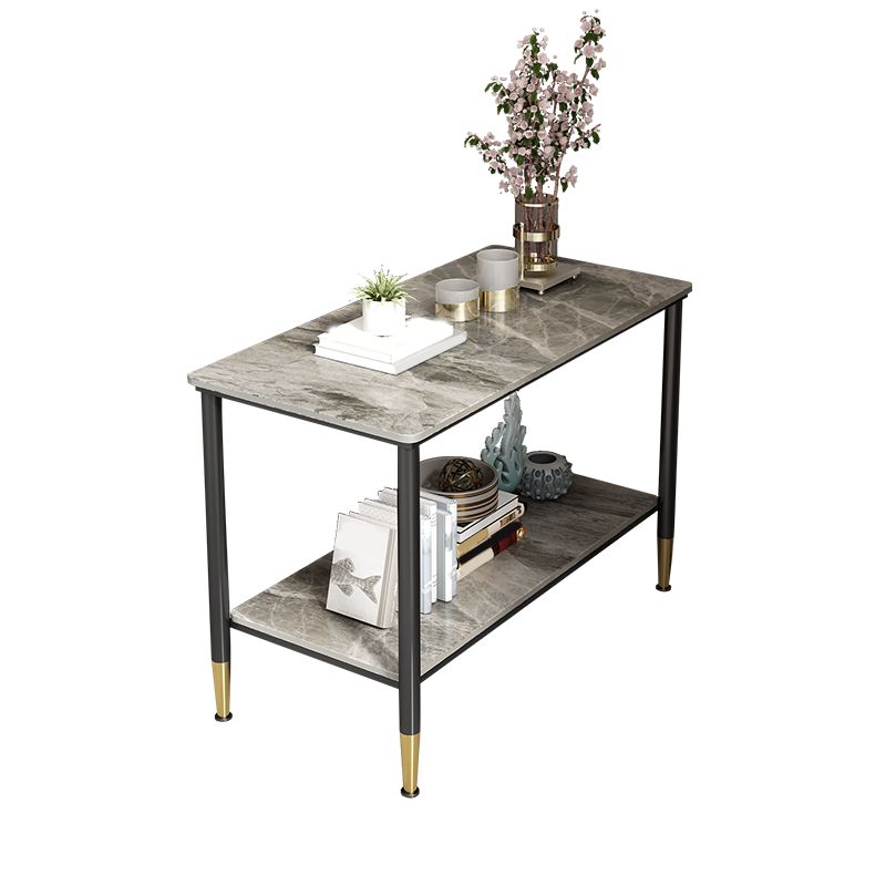 Rectangular Stone 4 Legs Side Table 21.65 Inch Tall One-Shelf End Table