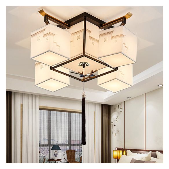 White Sputnik LED Ceiling Light in Traditional Artistic Style Fabrics Indoor Semi Flush Mount with Ceramic Flower Decoration