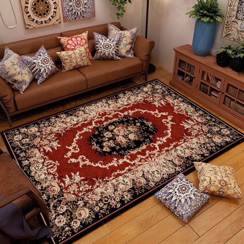 Red Tone Traditional Rug Retro Flower Print Carpet Stain Resistant Carpet for Living Room
