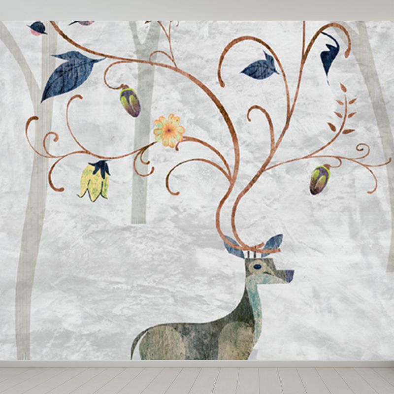 Grey Deer Wall Paper Mural Moisture Resistant Cartoon Kids Bedroom Wall Covering