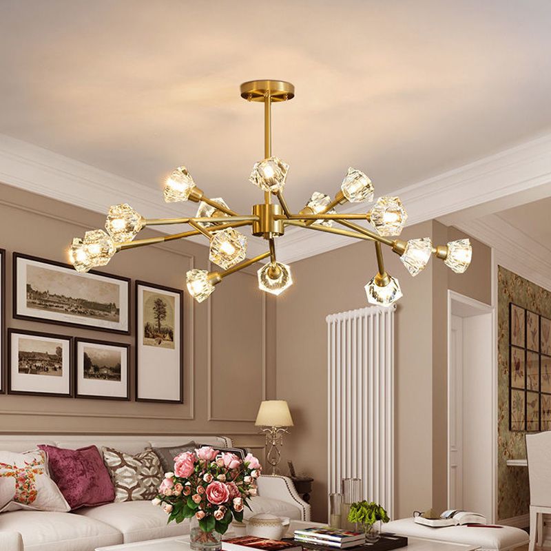 15-Light Metal Sputnik Chandelier, Unique Linear Ceiling Light With Crystal Shade
