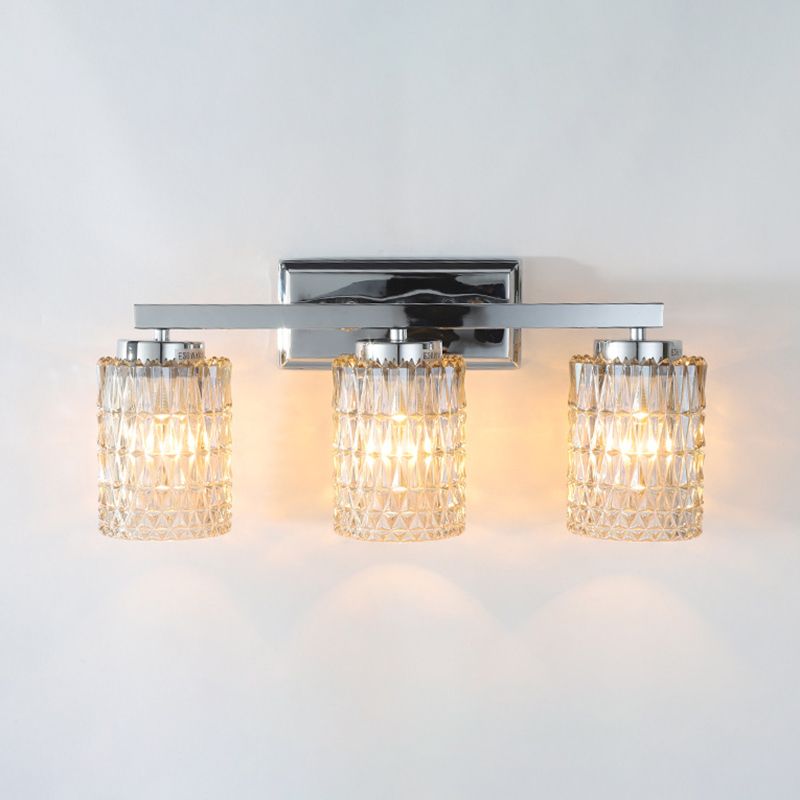 3-Light Cylindrical Vanity Lamp Traditional Chrome Lattice Glass Wall Sconce for Bathroom