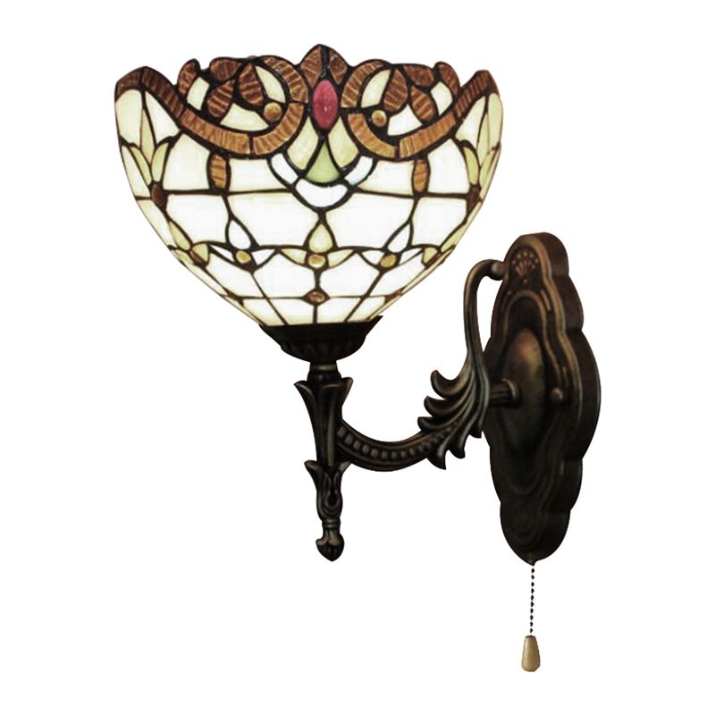 Stained Glass Bowl Wall Light with Pull Chain 1 Light Victorian Wall Sconce Lighting for Bedroom