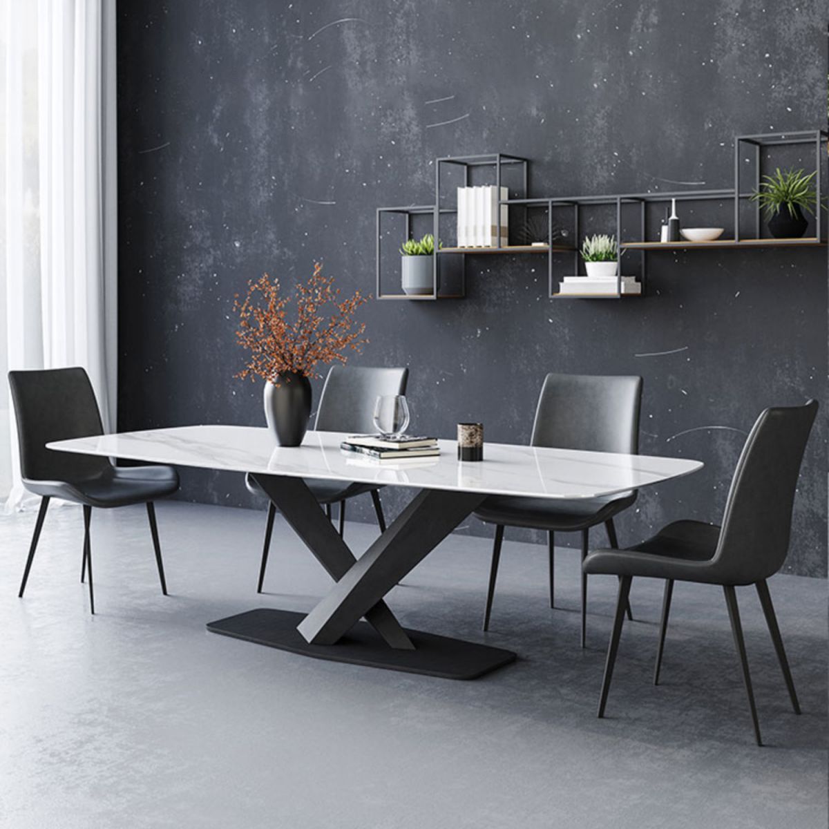 Modern Style Sintered Stone Dining Table with White Table and Black Trestle Base for Home Use