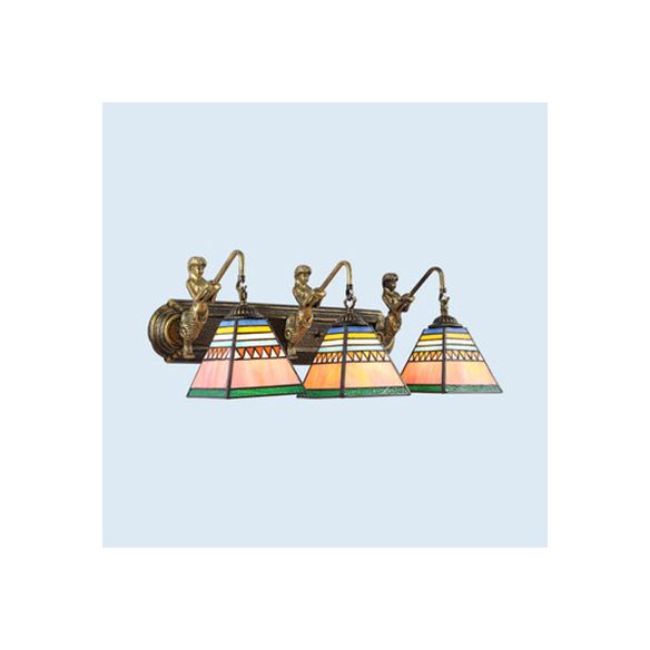 Pyramid Green-Pink Wall Light Fixture Tiffany 3 Lights Brass Sconce Light with Mermaid Decoration