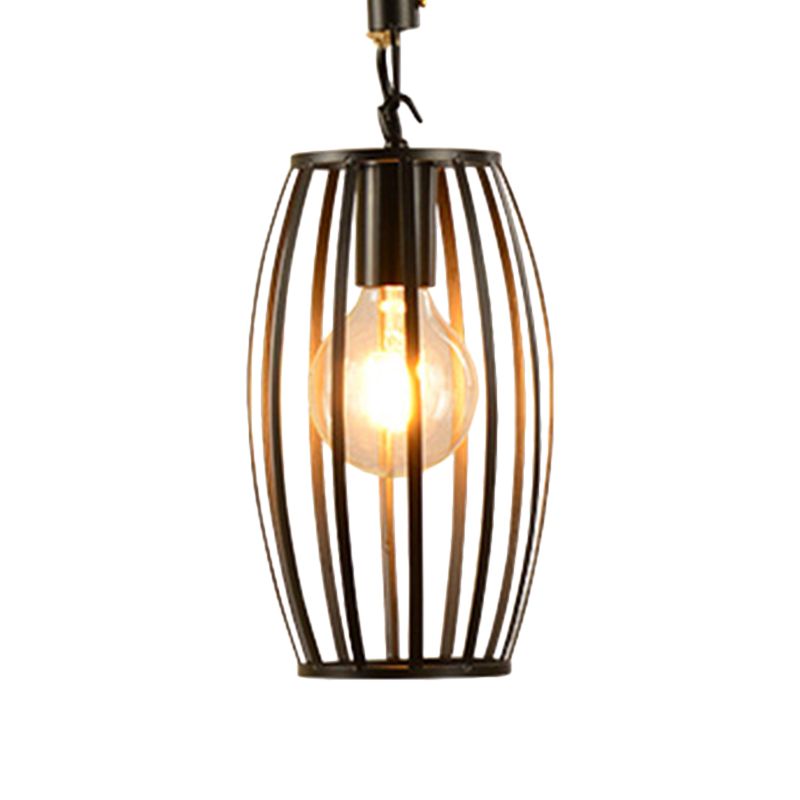 1 Light Metal and Rope Hanging Light Farmhouse Style Black Globe/Cylinder/Barrel Cage Dining Room Pendant Lamp