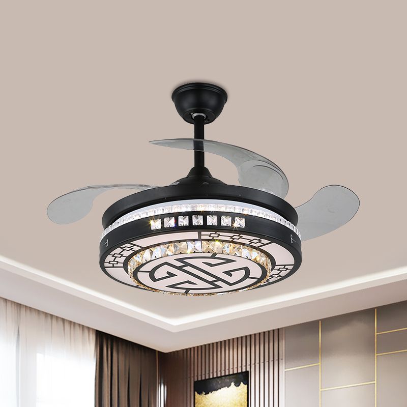4 Blades LED Round Semi Flush Modern Black Finish Clear Square Crystals Hanging Fan Light, with Chinese Knot/Flower/Half Circular Pattern, 19 Wide