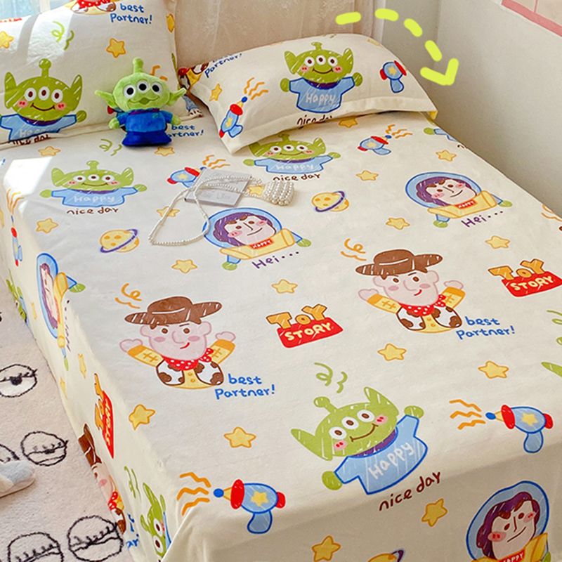 Cartoon Print Bed Sheet Set Flannel Super Soft Modern Pillowcase