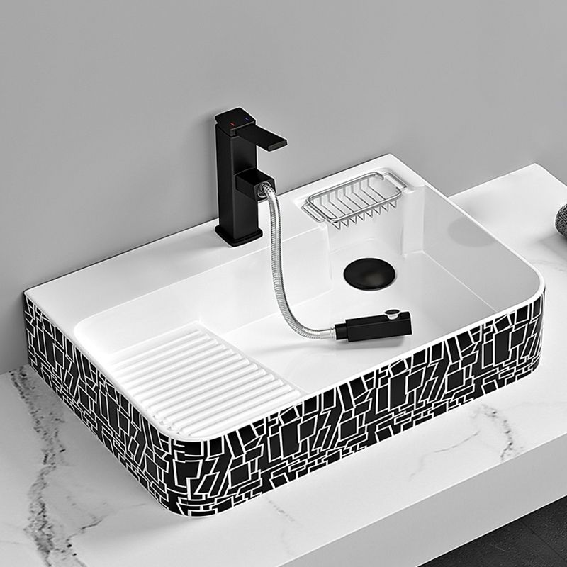 Contemporary Bathroom Sink Porcelain Solid Color Rectangular Vessel Sink with Pop-Up Drain