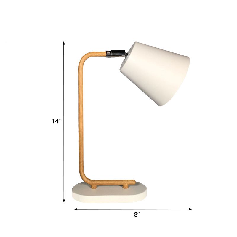 Conische metalen leeslamp Modern 1-lamp witte plug-in tafellamp met houten slanke arm