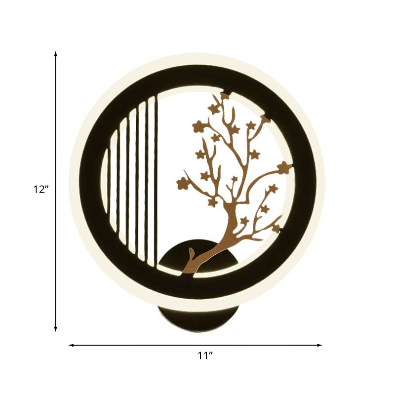 Asia LED Mural Light Fixture Black Plum Tree/Bamboo Patterned Round Wall Mounted Lamp with Acrylic Shade