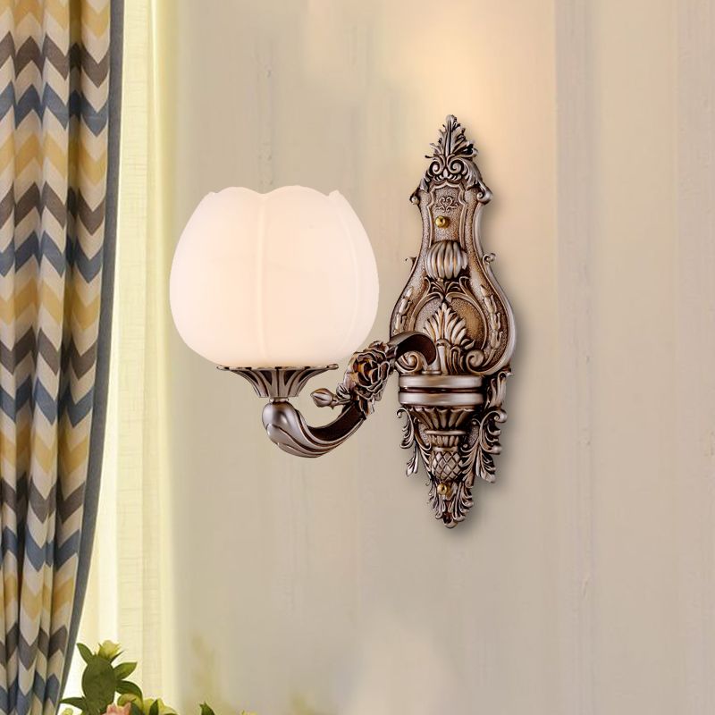 Frosted Glass Bloom Wall Lighting Vintage 1/2-Head Living Room Wall Light Sconce with Curved Arm in Coffee