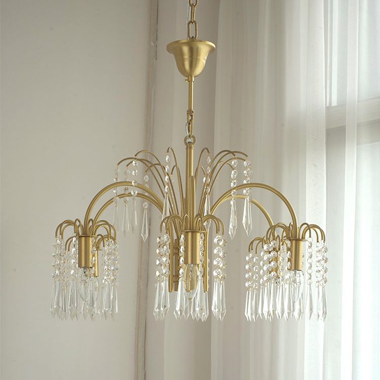Country Style Branch Pendant Lamp Crystal Beading Chandelier in Brass for Cafe