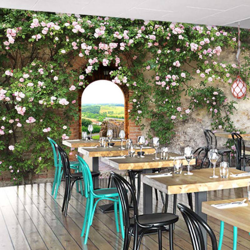 Full Castle and Pavement Mural in Green and Grey Non-Woven Wall Covering for Home Decor, Made to Measure