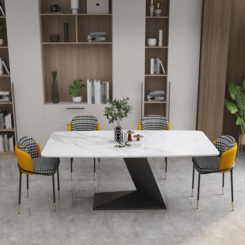 Stone Top Modern Dining Room Table Rectangle Dining Table with Black Pedestal Base