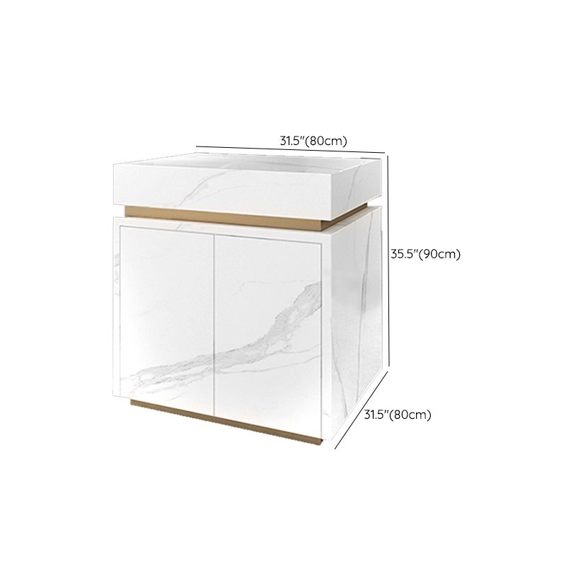 White Stone Contemporary Kitchen Island Table with Storage Cabinet