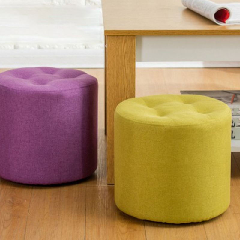 Contemporary Pouf Ottoman Fabric Upholstered Tufted Solid Color Cylinder Shape Ottoman