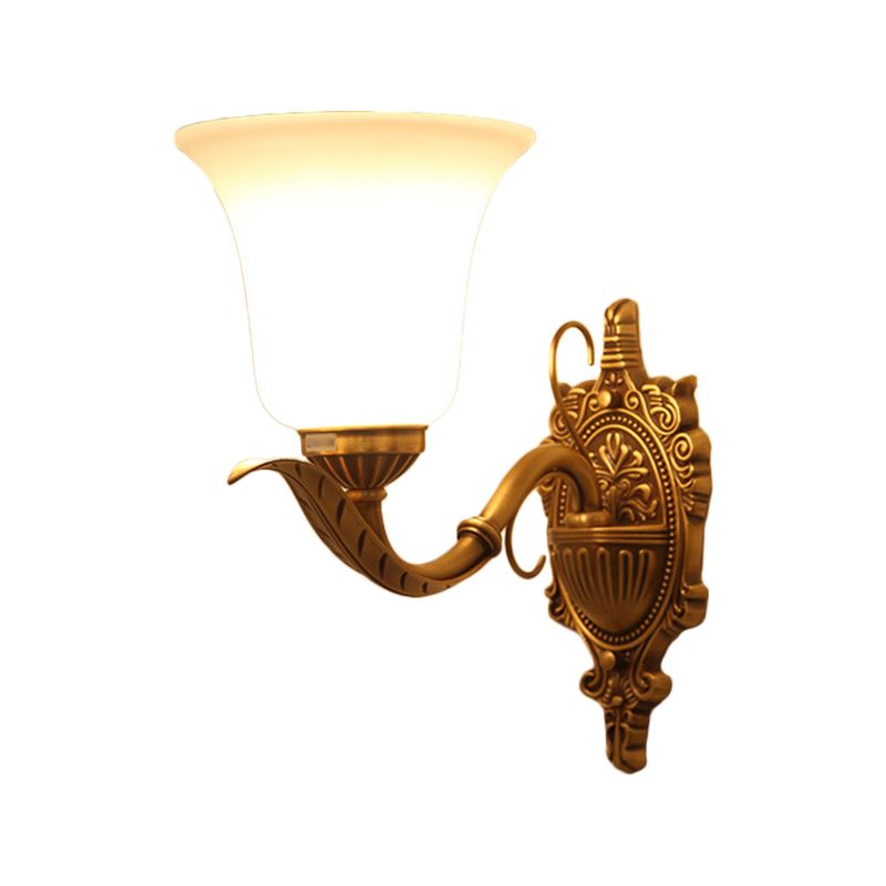 Opal Glass Brass Wall Mount Light Bell Shade 1 Light Traditional Style Wall Lighting Ideas with Carved Backplate