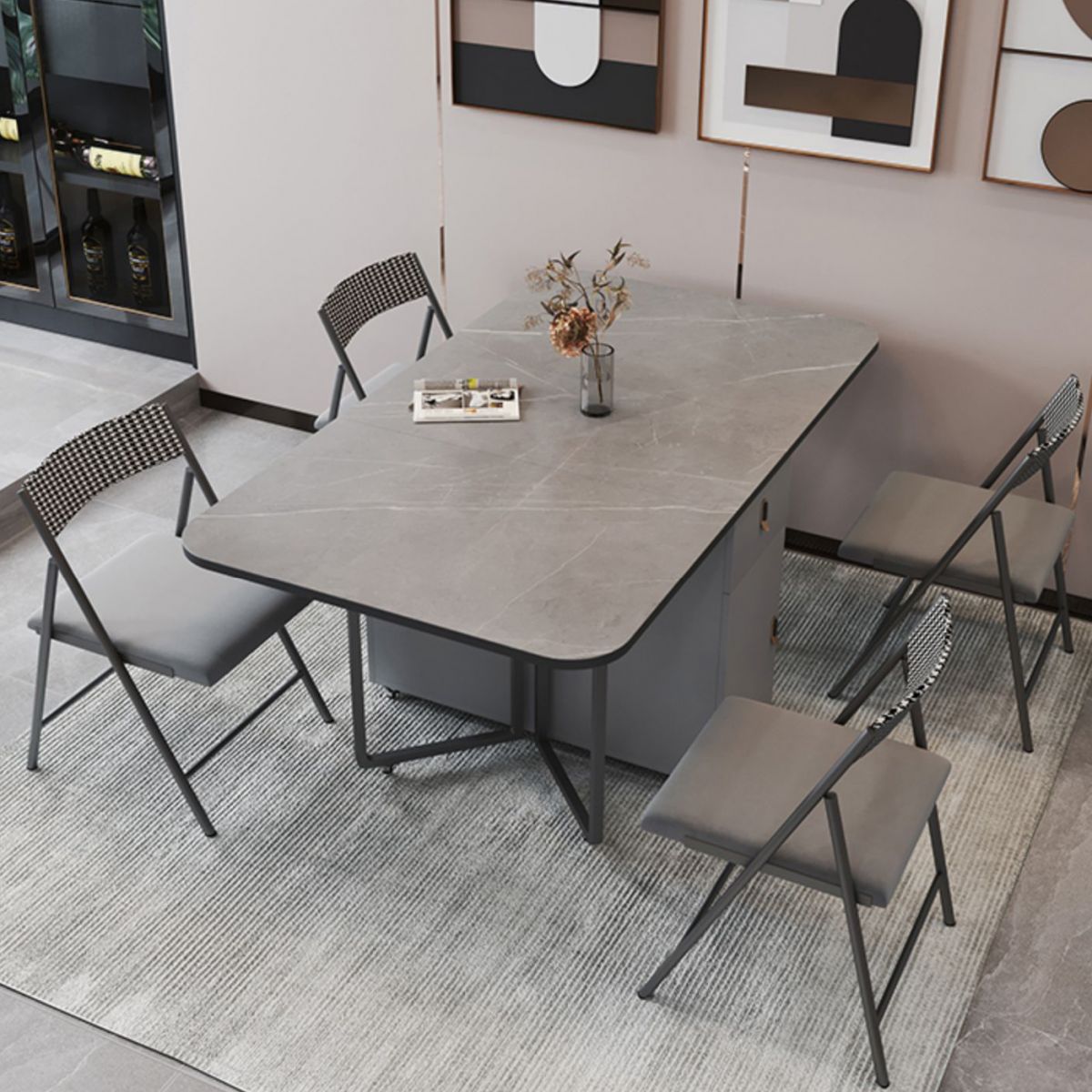 Moderne stijl rechthoek eettafel gesinterde stenen drop-blad eettafel