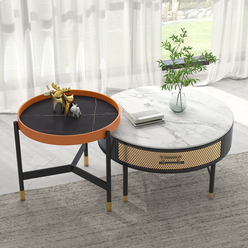 Luxurious Slate Round Top Coffee Table Set with Storage Drawer