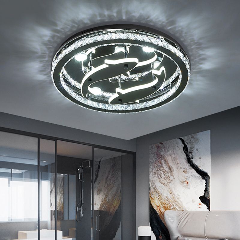 Contemporary Circle Flushmount Crystal Block Sleeping Room LED Ceiling Mounted Light with Fish Design in Chrome