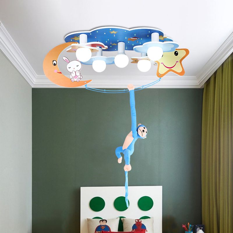 Starry Sky Metal Flushmount Lighting Cartoon 5 Heads Blue Flush Mounted Lamp with Monkey Decor