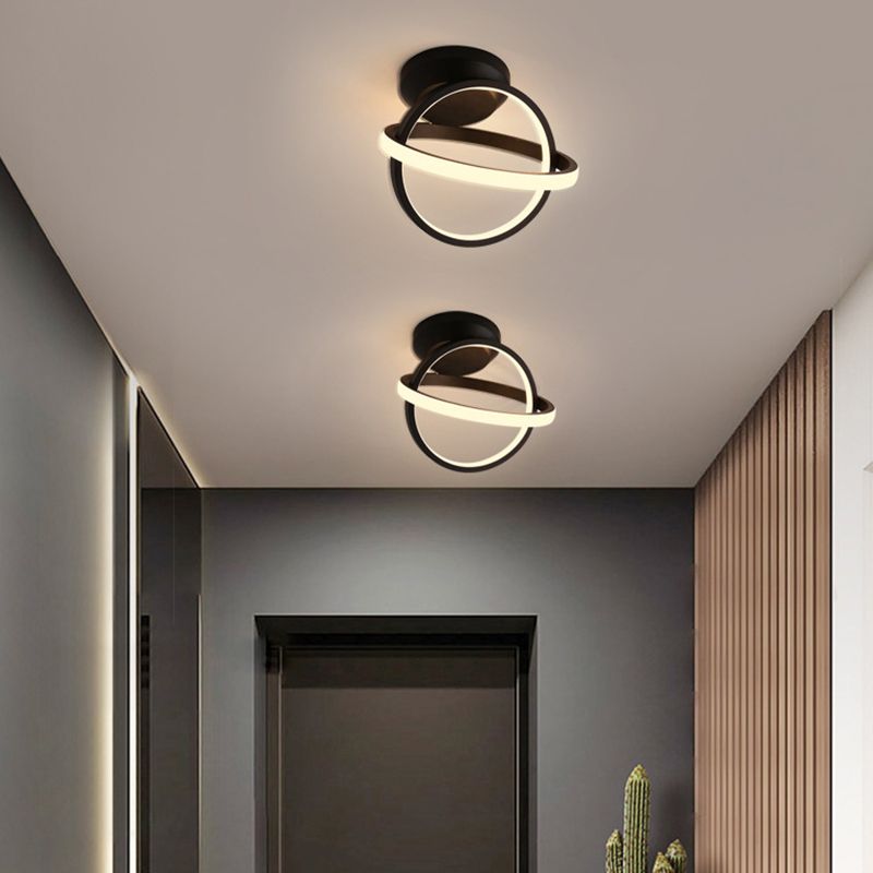 Round Shape Metal Flush Mount Light Modern Style 2 Lights Flush Ceiling Light in Black