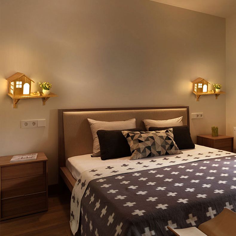 Wooden House-Shape Wall Light Fixture Modern LED Wood Wall Mounted Light Fixture