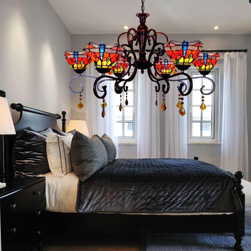 Tiffany Dragonfly Chandelier Stained Glass 6 Lights Stunning Hanging Pendant in Red