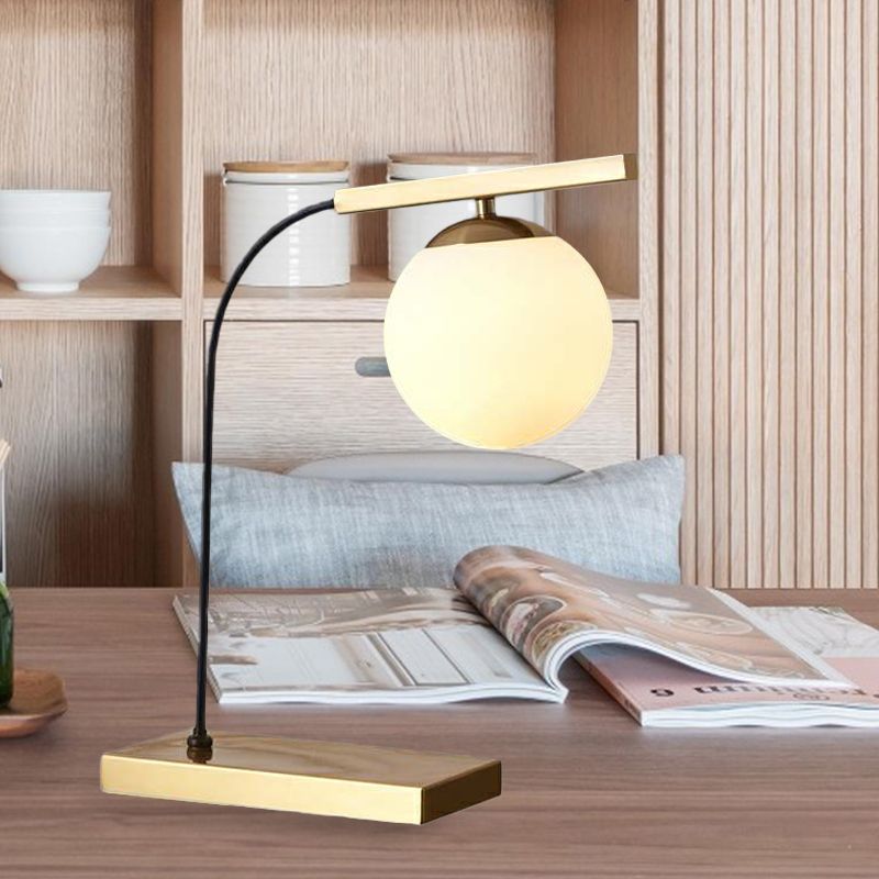Gold Linear Table Light Postmodern 1-Head Metallic Night Lamp with Ball Milk Glass Shade