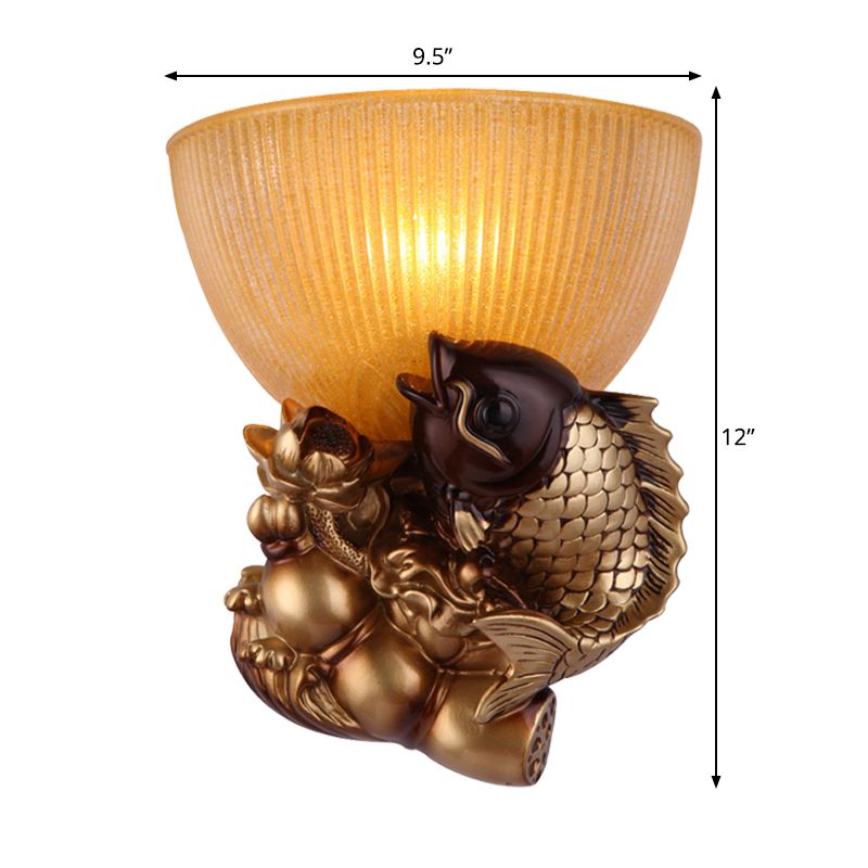 Tazón lámpara de pared de la cama estilo rústico vidrio ámbar 1 cabeza de oro Idea de iluminación de pared con pescado y decoración de loto