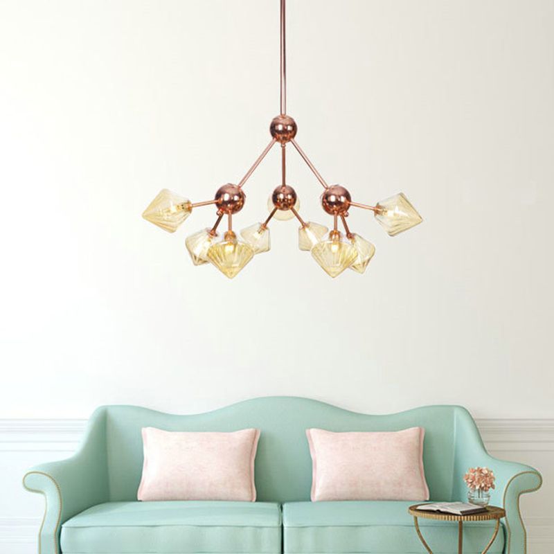 Amber Glass Diamond Hanging Chandelier Modernism 9 Bulbs Rose Gold Pendant Light Fixture