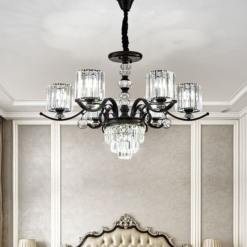 Tiered Parlor Hanging Chandelier Crystal Rectangle 6 Lights Simple Ceiling Lamp with Cylindrical Shade in Black