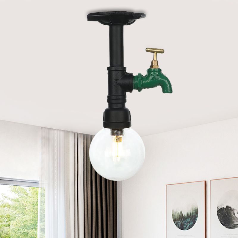 Orb Clear Glass Semi Flush Lighting Industrial 1 Bulb Restaurant Ceiling Mounted Fixture in Black